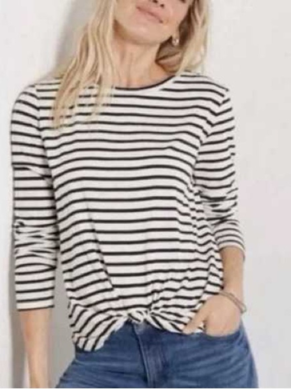 Evereve | Black & White Striped Long Sleeve Twist Knot Front Tee | Sz S